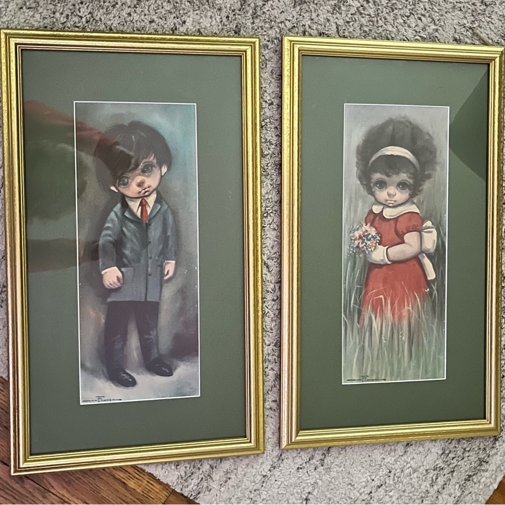 Vintage Big Eyes Boy & Flower Girl, Artist Ozz Franca wood gold frame with glass